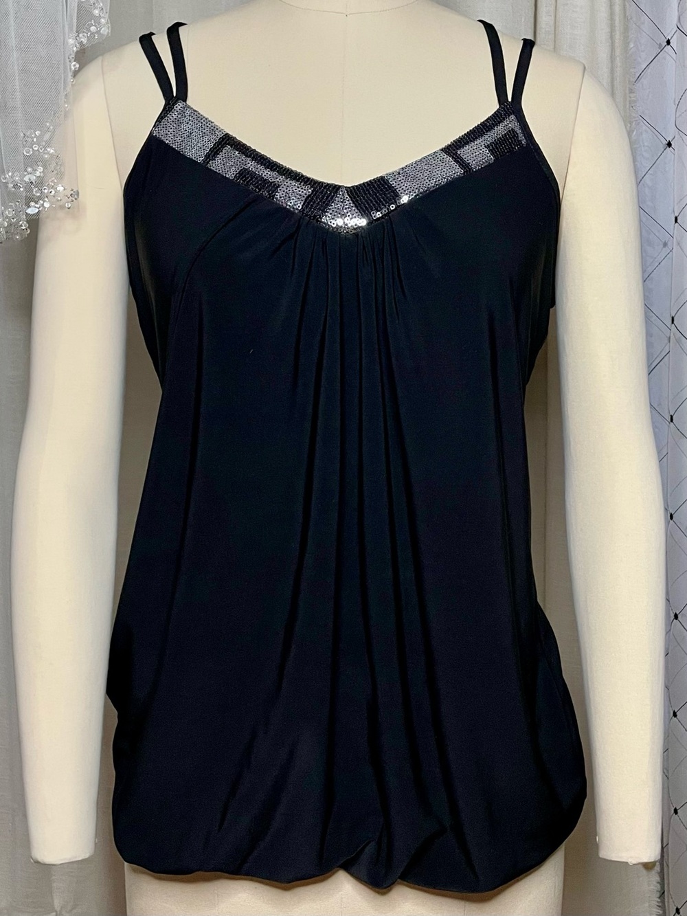 🪞Vanity - Y2K Black Tank Top Silver Sequin Trim Double Straps Size S/M